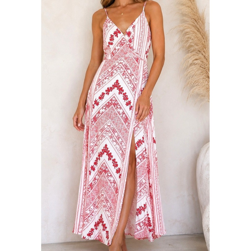 Red White Floral Tie Back Maxi Dress S Slit Adjustable Strap Cottagecore Boho